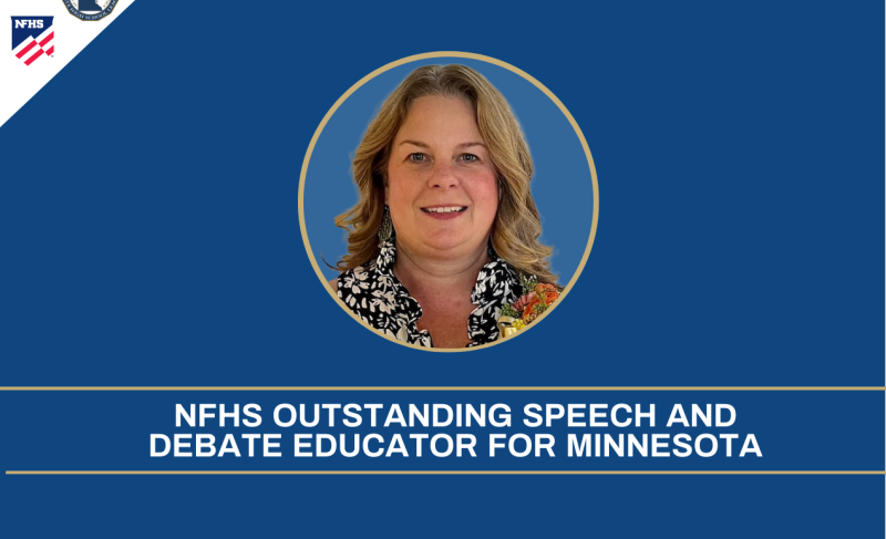 Photo of Jody Saxton West on a blue background with MSHSL and NFHS logos and text: NFHS OUTSTANDING SPEECH AND DEBATE EDUCATOR FOR MINNESOTA. 