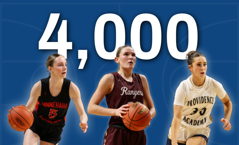 Photos of basketball players Addison Mack of Minnehaha Academy, Madddyn Greenway of Providence Academy and Tori Oehrlein of Crosby-Ironton on a blue background with text: 4,000. 