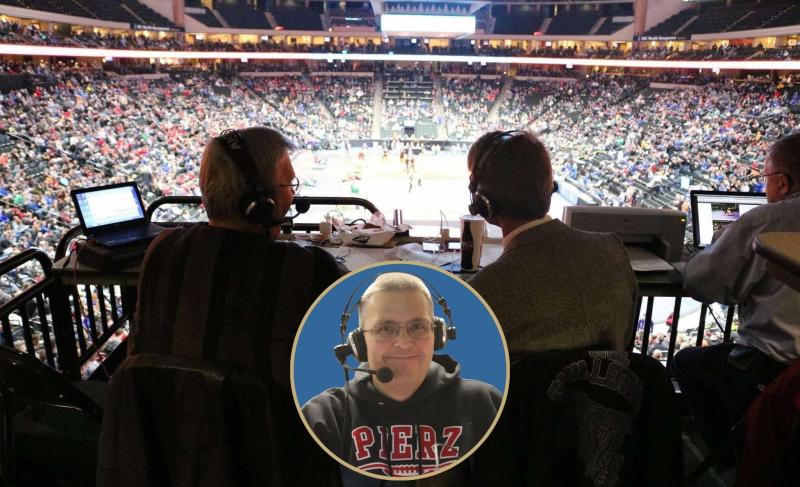 Photo of Rick Grammond overlayed on a wide shot of him broadcasting a game.