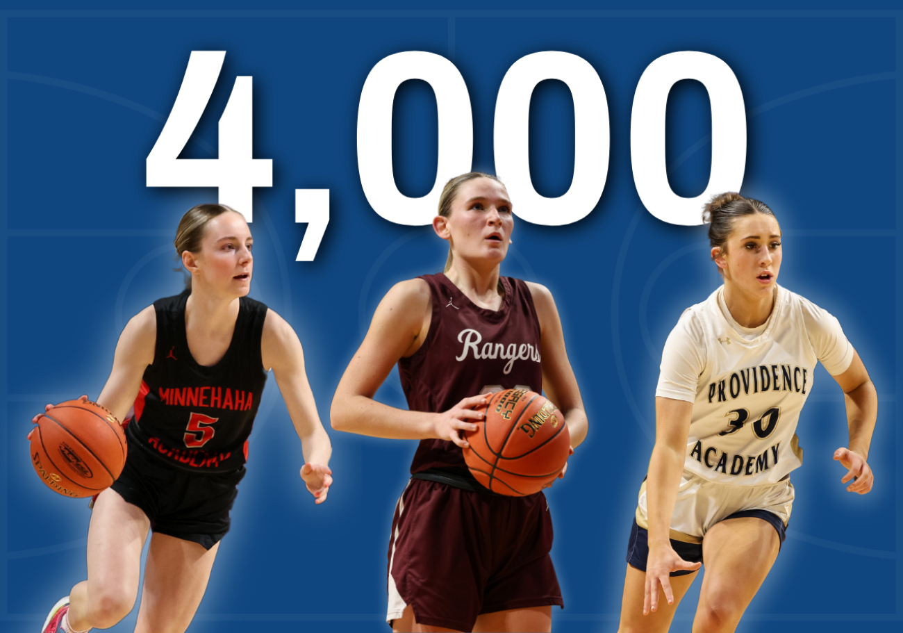 Photos of basketball players Addison Mack of Minnehaha Academy, Madddyn Greenway of Providence Academy and Tori Oehrlein of Crosby-Ironton on a blue background with text: 4,000. 