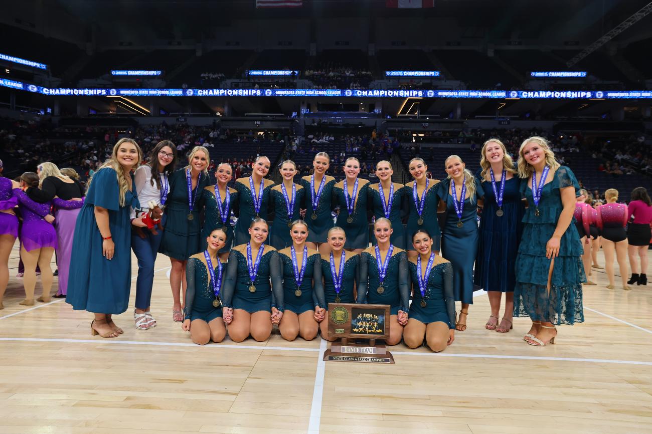 The 2025 Lac qui Parle Valley/Dawson-Boyd Dance Team poses with its State Championship trophy in Class A Jazz.