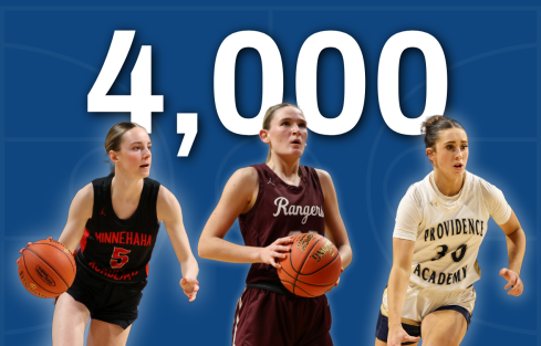 Photos of basketball players Addison Mack of Minnehaha Academy, Madddyn Greenway of Providence Academy and Tori Oehrlein of Crosby-Ironton on a blue background with text: 4,000. 
