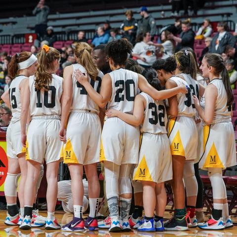 Marshall School, Duluth Hilltoppers Girls' Basketball Team Huddle at State