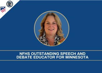 Photo of Jody Saxton West on a blue background with MSHSL and NFHS logos and text: NFHS OUTSTANDING SPEECH AND DEBATE EDUCATOR FOR MINNESOTA. 