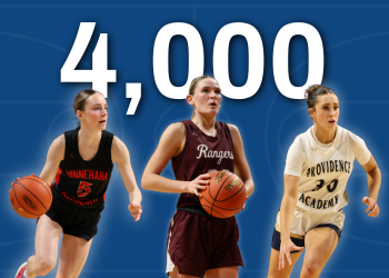 Photos of basketball players Addison Mack of Minnehaha Academy, Madddyn Greenway of Providence Academy and Tori Oehrlein of Crosby-Ironton on a blue background with text: 4,000. 